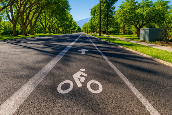 A suburban street with a freshly painted bike lane, green trees lining the road, and no parked cars visible.