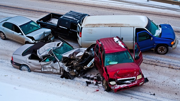 An overhead view of a massive multi-vehicle pileup on a snow-covered highway in Colorado. Several mangled cars, a pickup truck, and a large white van are jammed together, showing extensive body damage and shattered glass against the winter landscape.