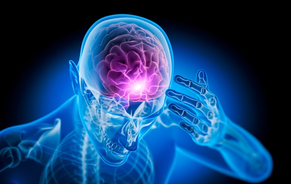 A 3D medical illustration showing a transparent blue human figure with a glowing purple and pink brain highlighted by electric-like flashes, representing the impact and neurological stress of a traumatic brain injury after a car accident in Colorado Springs, CO.