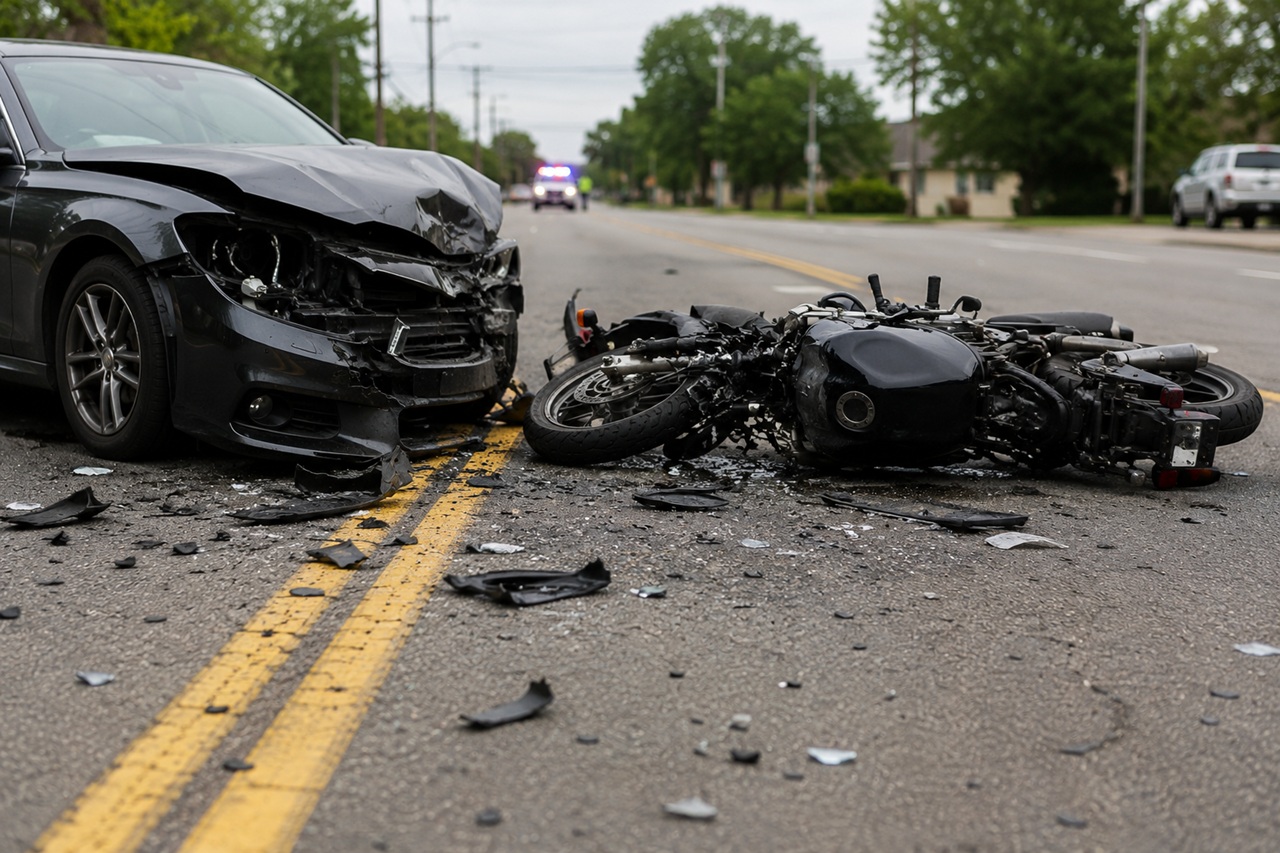 A heavily damaged black motorcycle lying on its side on a Colorado road next to the crumpled front bumper of a dark sedan, with debris scattered across the asphalt and emergency vehicle lights blurred in the far distance.