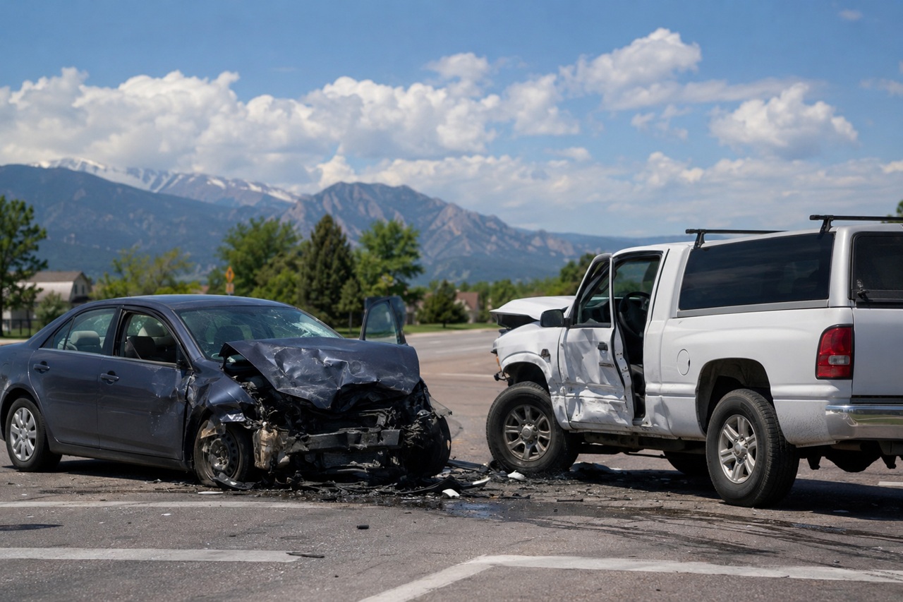 A blue sedan and a white SUV sit at a Colorado intersection with catastrophically crushed front and side panels after a high-impact collision, with the Rocky Mountains and blue sky visible in the background, depicting the kind of serious crash that triggers Colorado's car accident lawsuit filing deadline under the state's statute of limitations.