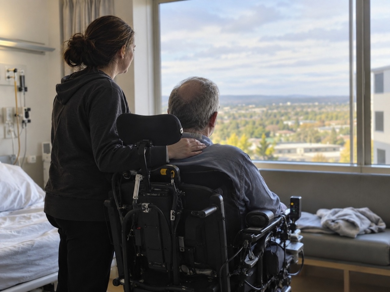 Person in a motorized wheelchair looking out a hospital window while a family member rests a supportive hand on their shoulder.
