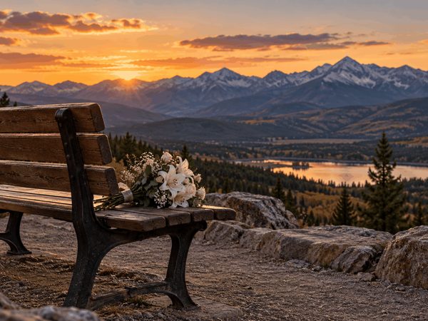 Bouquet of white flowers resting on an empty bench overlooking a Colorado mountain landscape at sunset, symbolizing remembrance after a wrongful death.